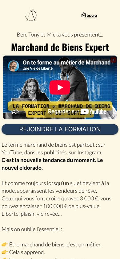 Marchand de Biens Expert : page d’accueil sur mobile